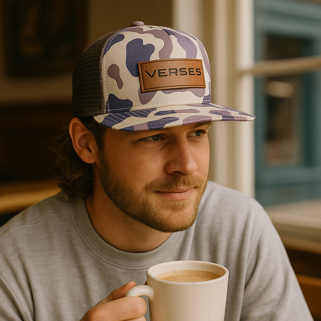 Purple Camo Mesh Trucker Hat with Leather Patch