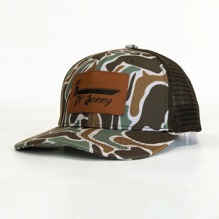 Mud Boat Yacht Club Camo Trucker Hat with Leather Patch