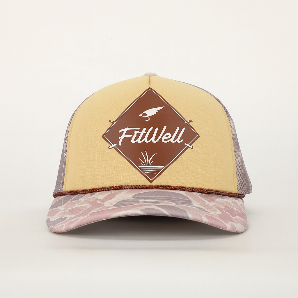 Retro Style Trucker Hat with Camo Brim and FitWell Patch
