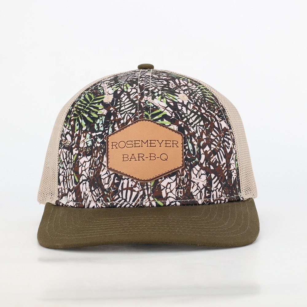 Barbecue Mesh Cap with Camouflage Print and Leather Patch - Casual Outdoor Trucker Hat