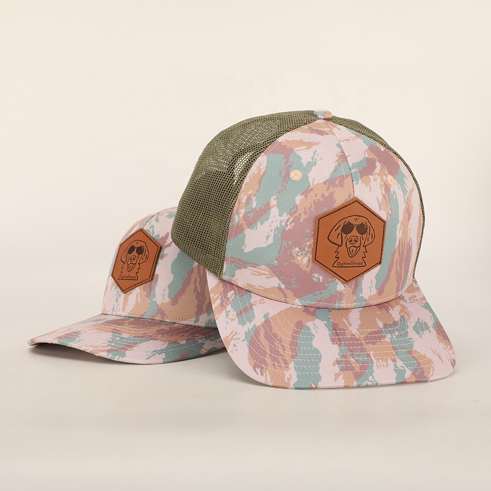 Pastel Camo Mesh Trucker Hat with Dog Logo Leather Patch - Youthful Outdoor Cap