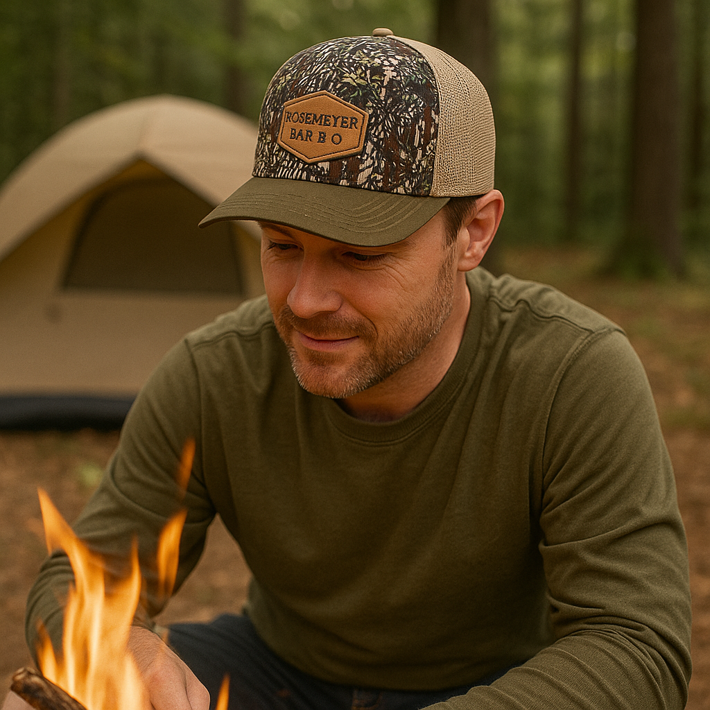 Barbecue Mesh Cap with Camouflage Print and Leather Patch - Casual Outdoor Trucker Hat