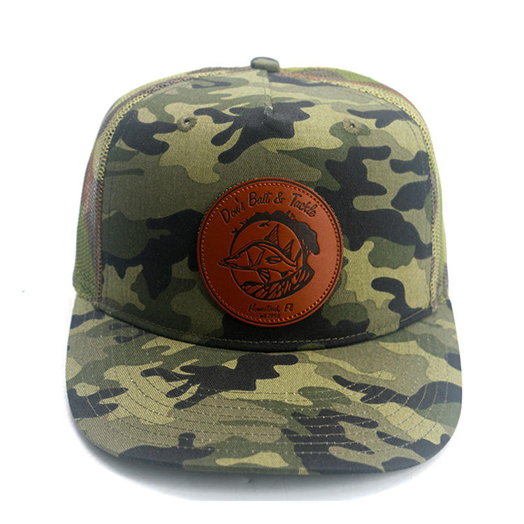 Camo Mesh Trucker Hat with Round Leather Patch - Don’t Bait & Tackle