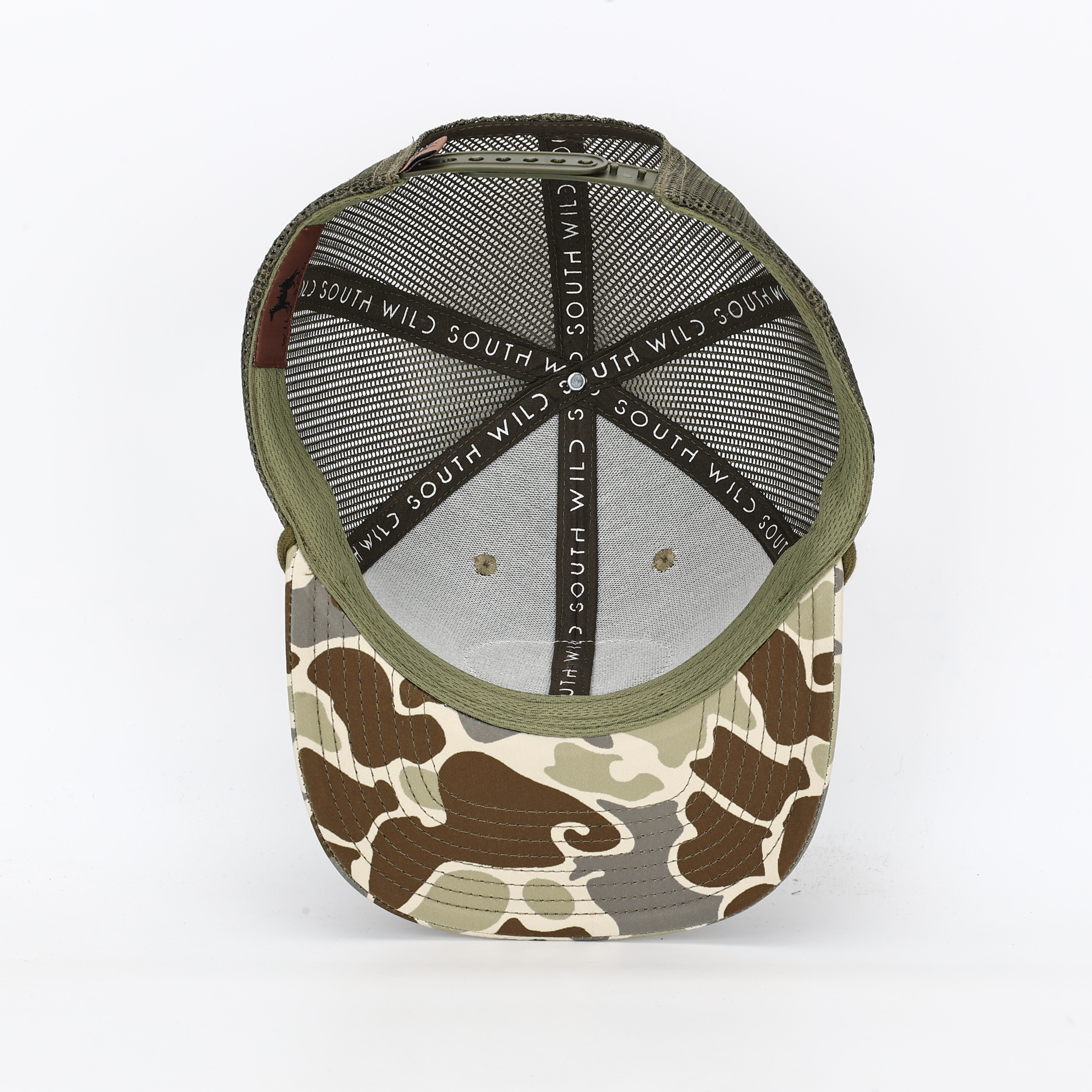 Camo Trucker Cap with Wolf Forest Leather Patch – Outdoor Adventure Hat