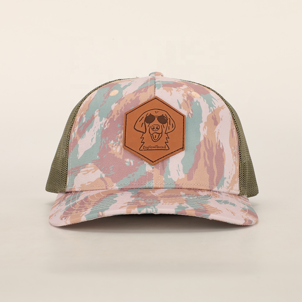Pastel Camo Mesh Trucker Hat with Dog Logo Leather Patch - Youthful Outdoor Cap