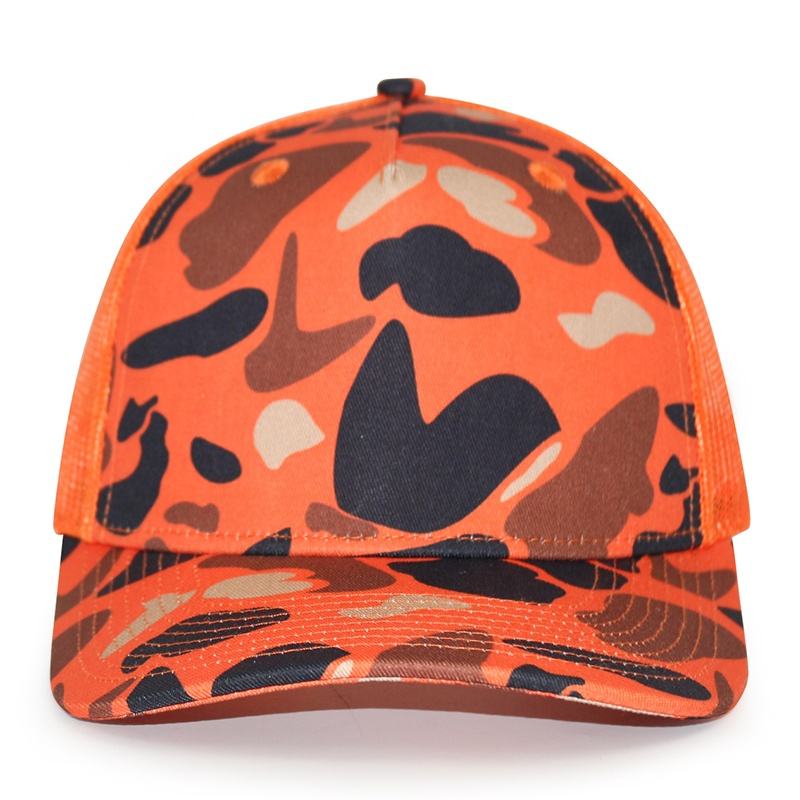 Hi-Vis Orange Camo Mesh Trucker Cap – Adjustable Breathable Snapback Hat