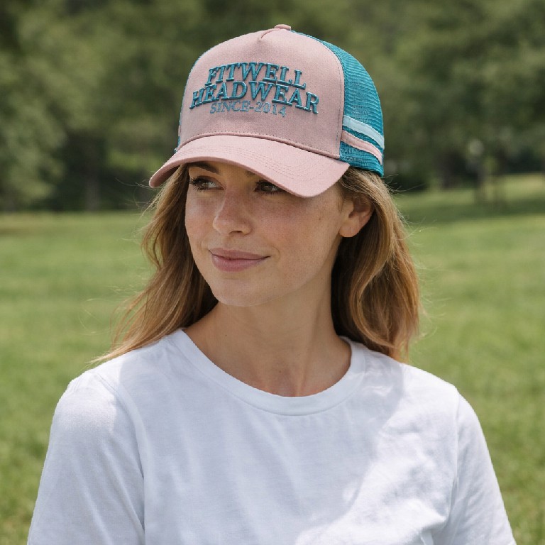 Pink and Teal Five-Panel Mesh Trucker Cap with Raised Letter Embroidery