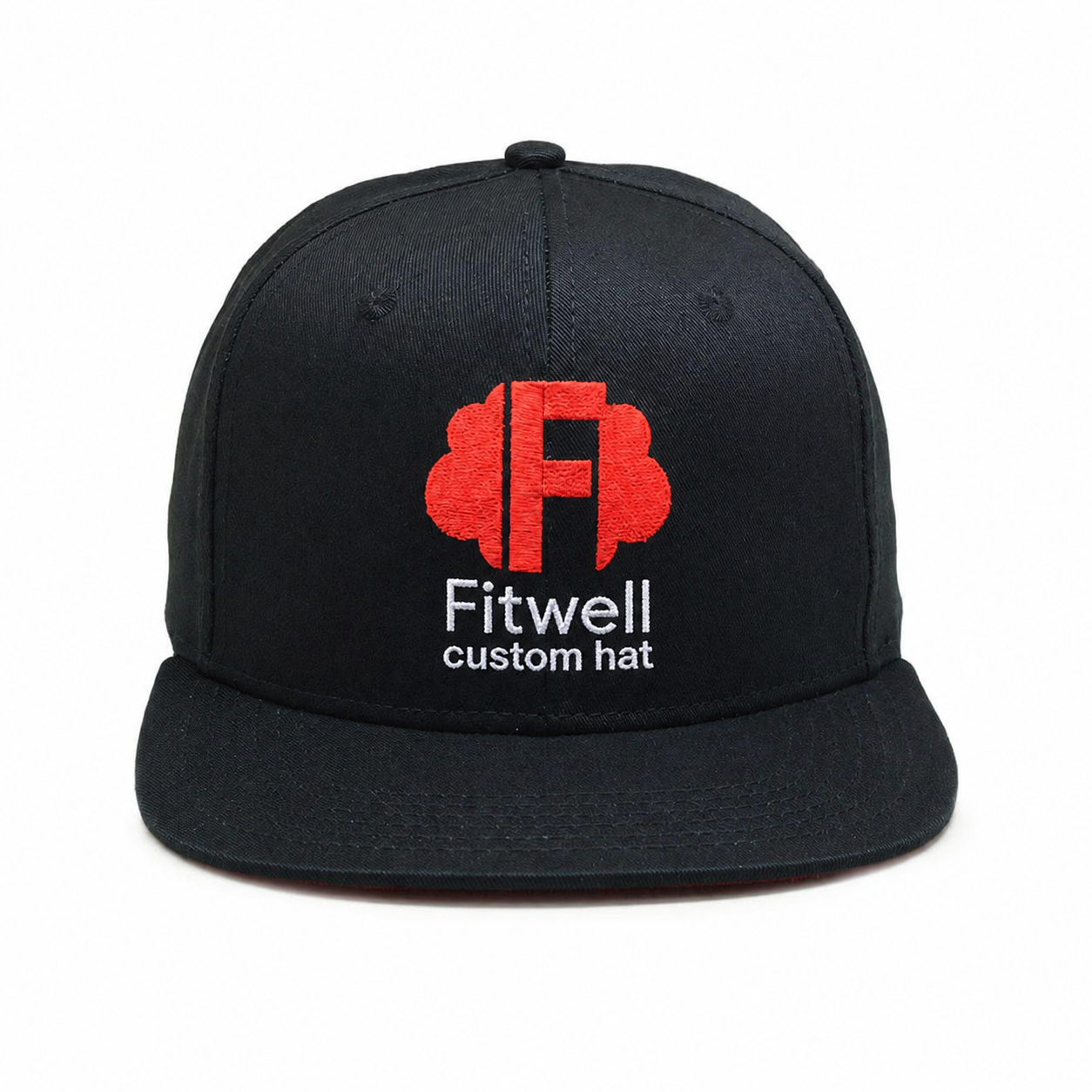 Black Six-Panel Flat Brim Snapback Cap with Redcloud Embroidery