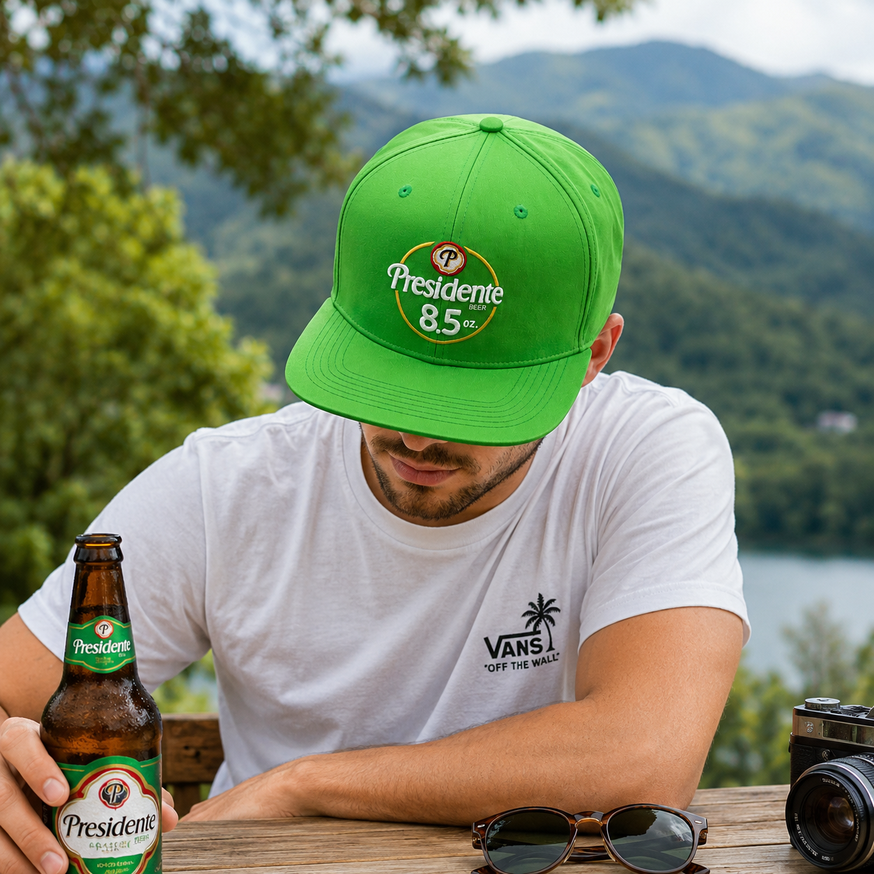 Bright Green Presidente Embroidered 6-Panel Flat Brim Snapback Hat