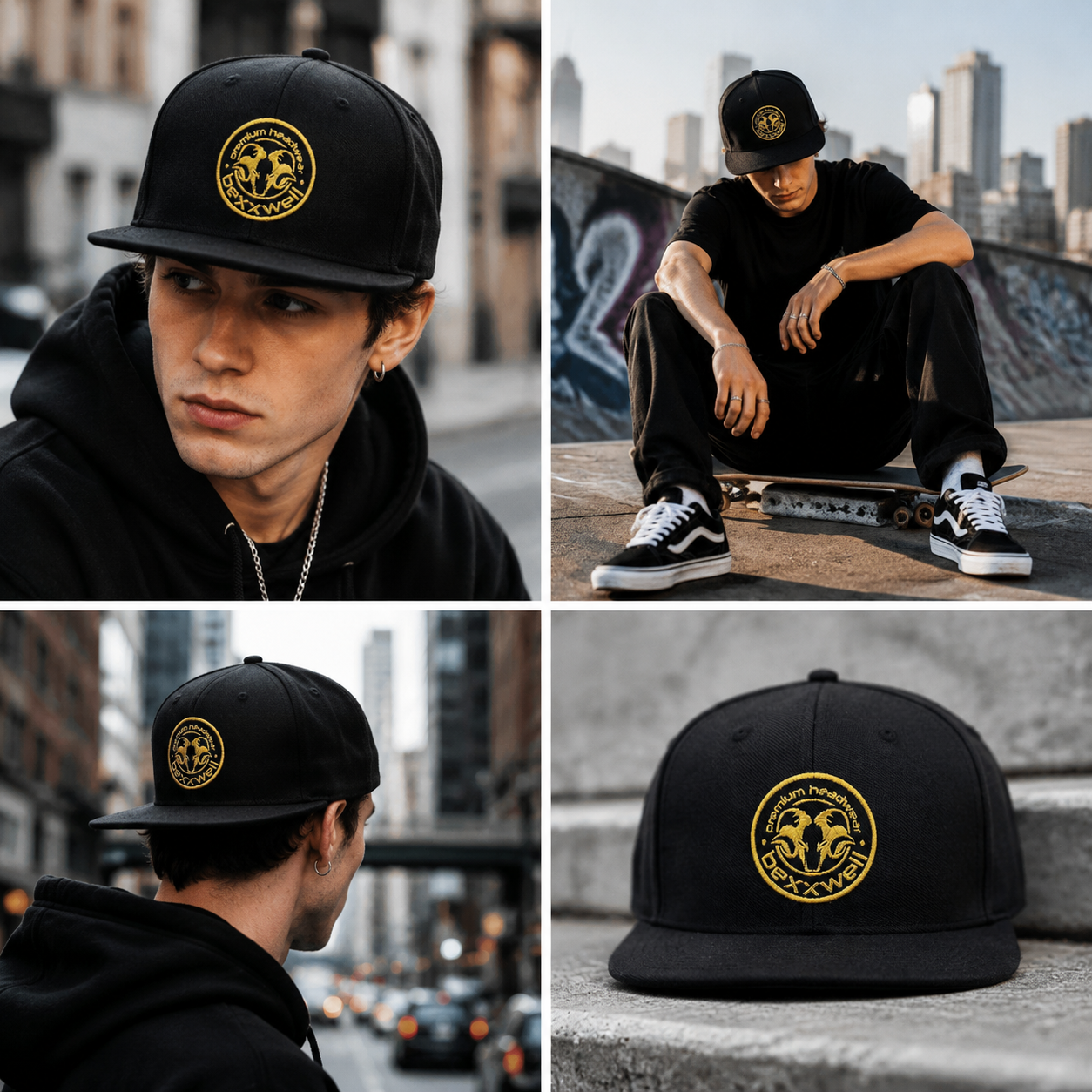 Navy Blue Gold Embroidered Crest Snapback Cap – Streetwear Flat Brim Hat