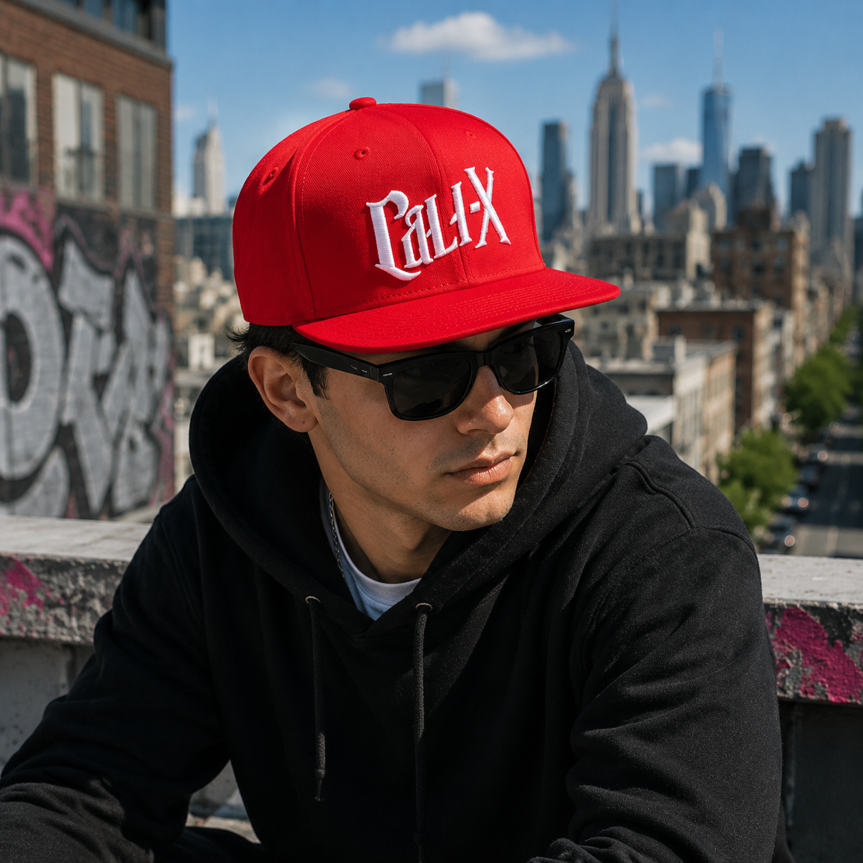 Red 6 Panel Embroidered Flat Brim Snapback Cap