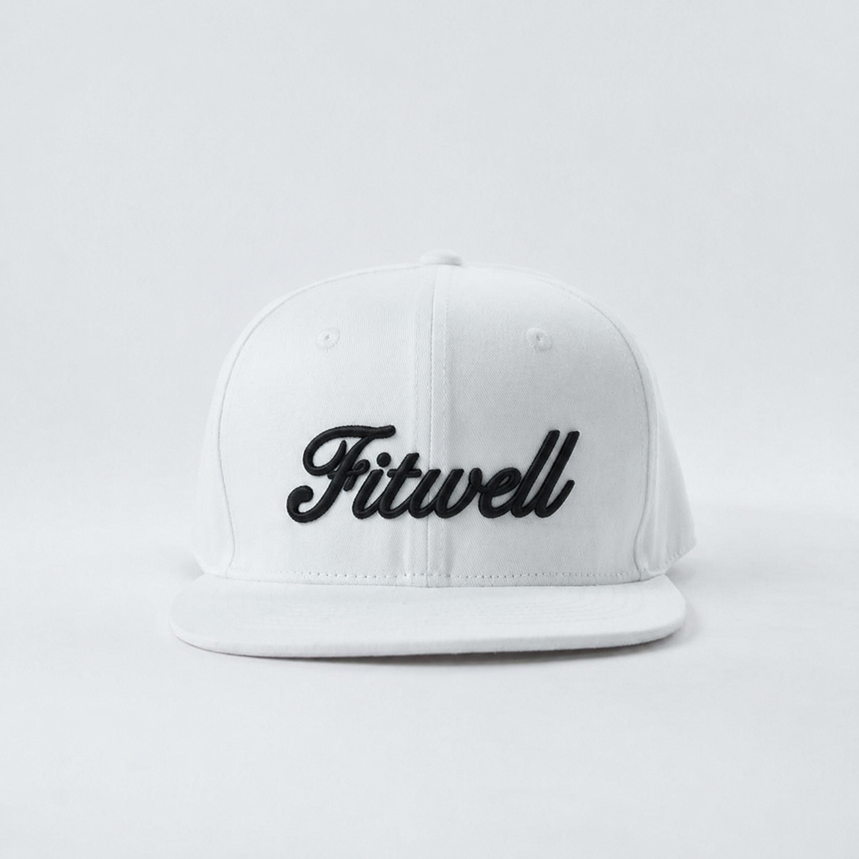 White Flat Brim Snapback Cap with Black Script Embroidered Logo