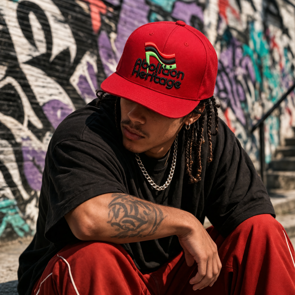 Red Embroidered Logo Flat Brim Snapback Cap with Adjustable Closure