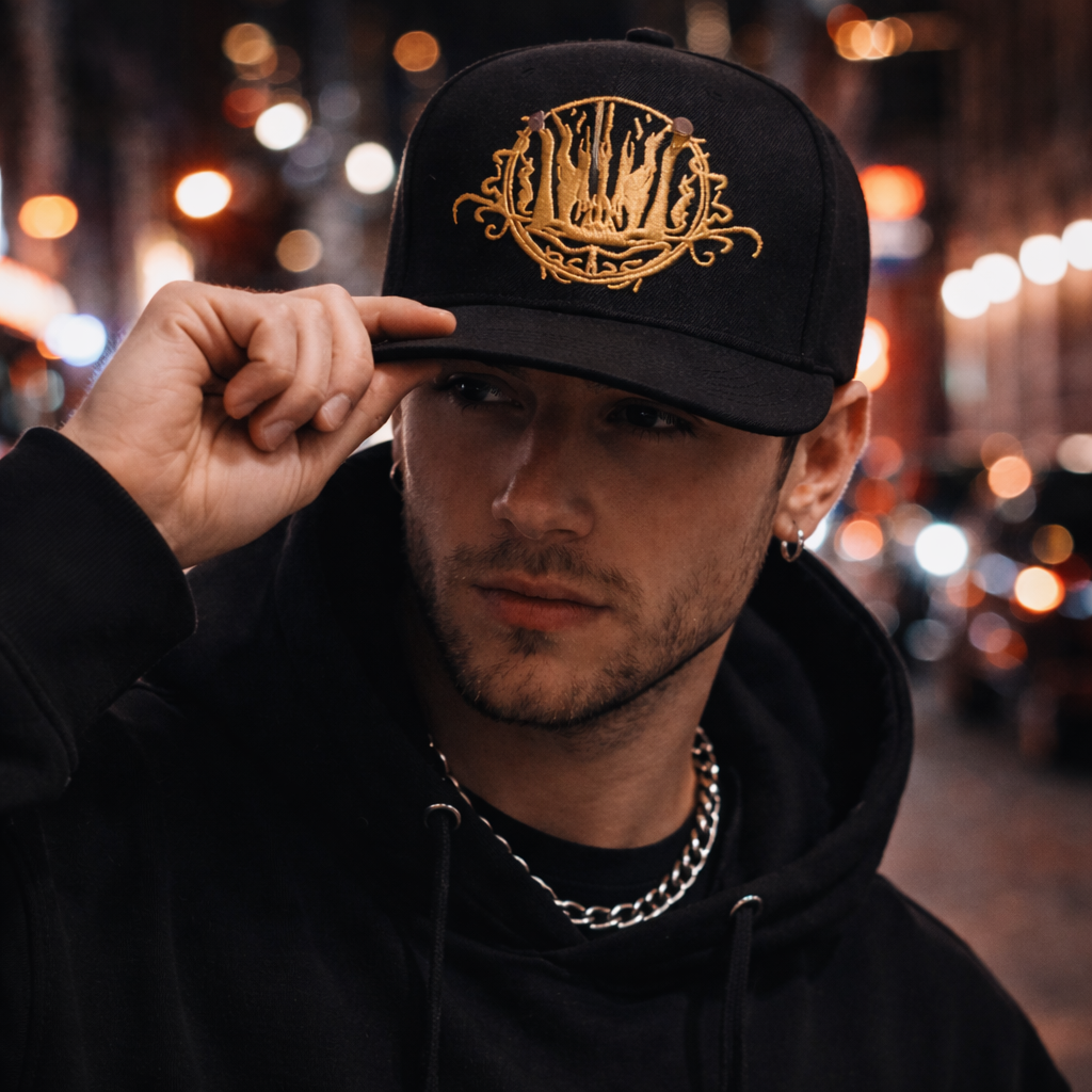 Black 6 Panel Gold Embroidered Logo Flat Brim Snapback Cap
