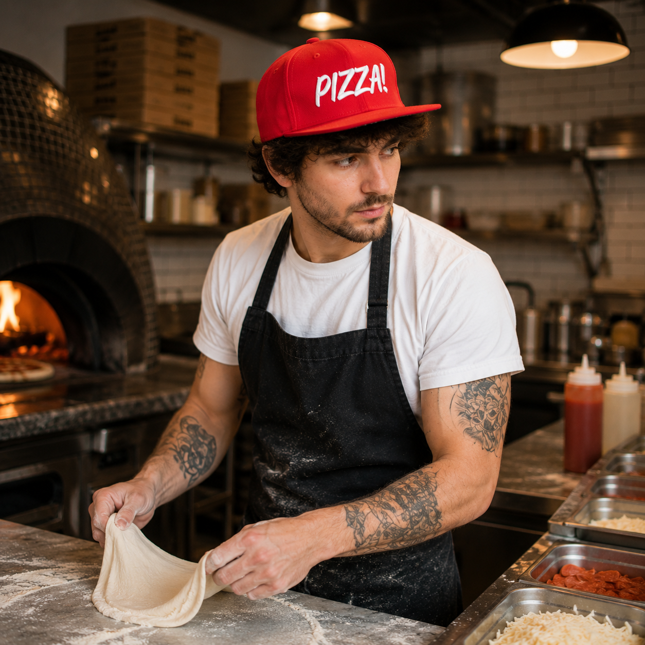 Red Pizza Embroidered Flat Brim Snapback Cap