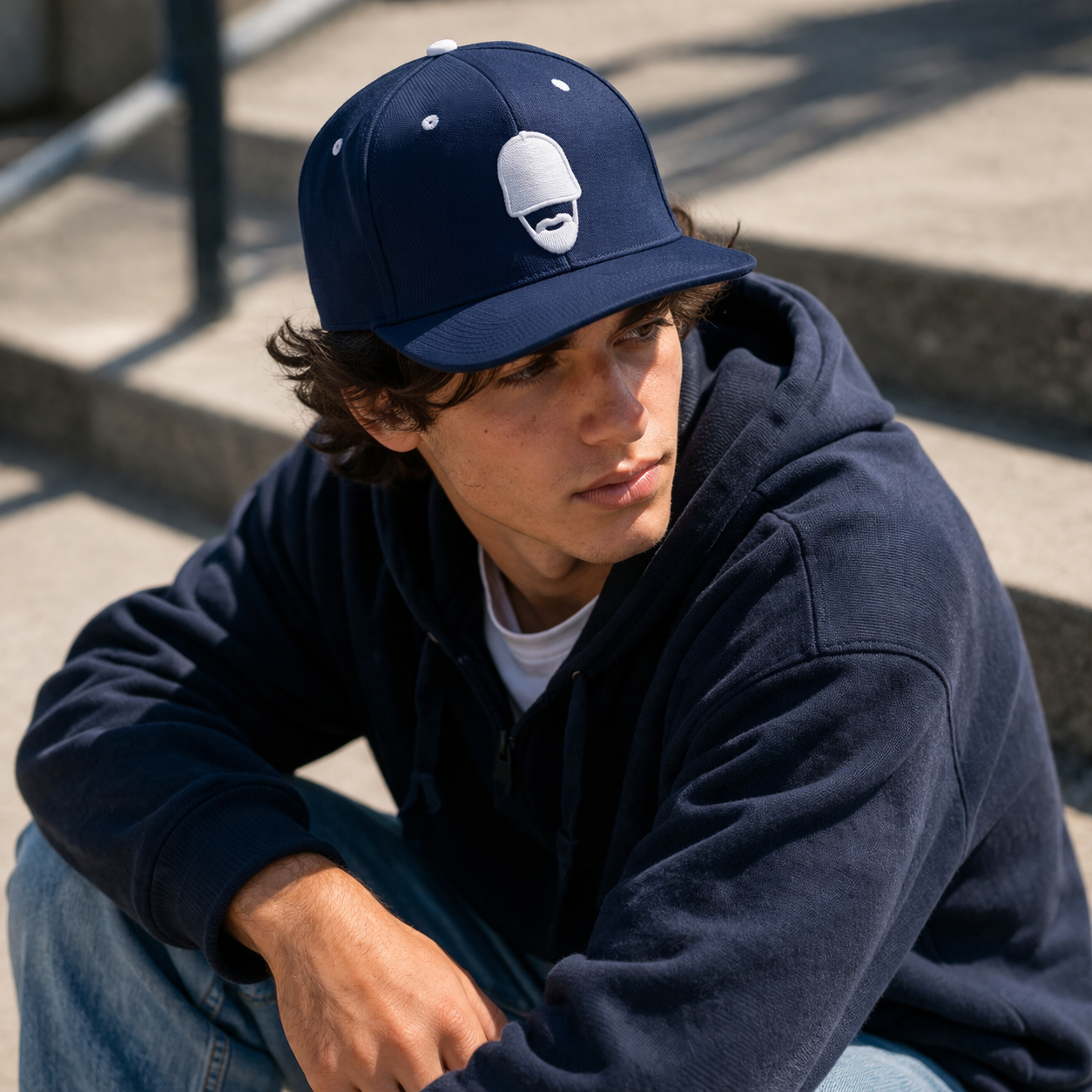 Navy Blue Flat Brim Snapback Cap with Minimalist Face Embroidery