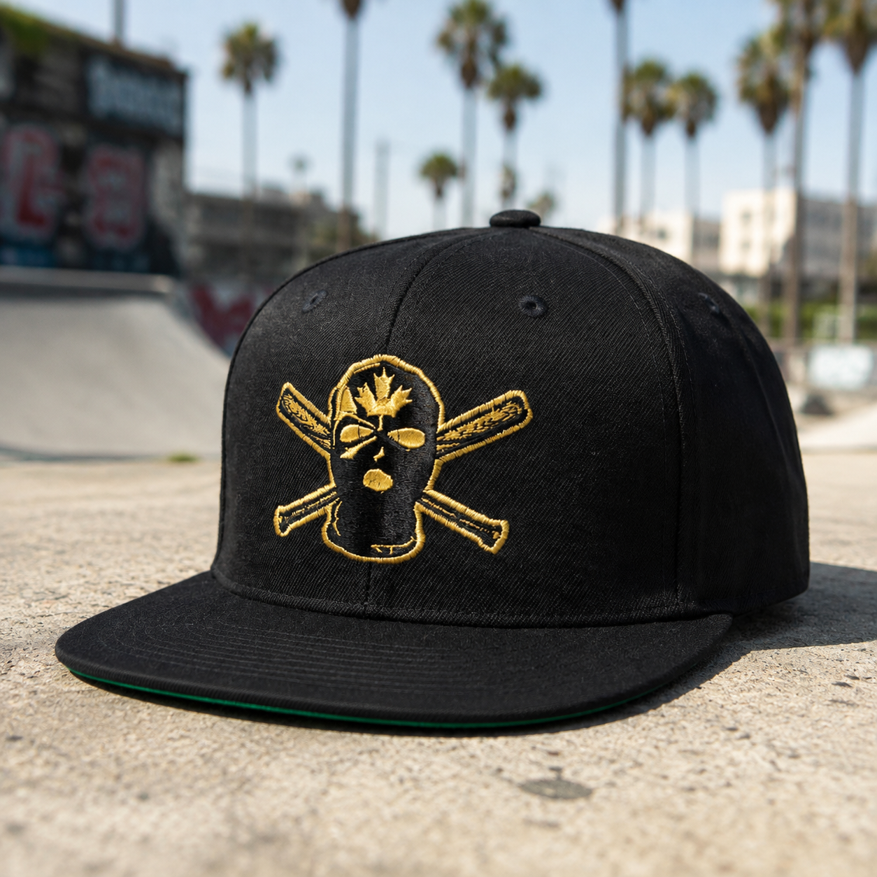 Black Flat Brim Embroidered Skull Graphic Snapback Cap