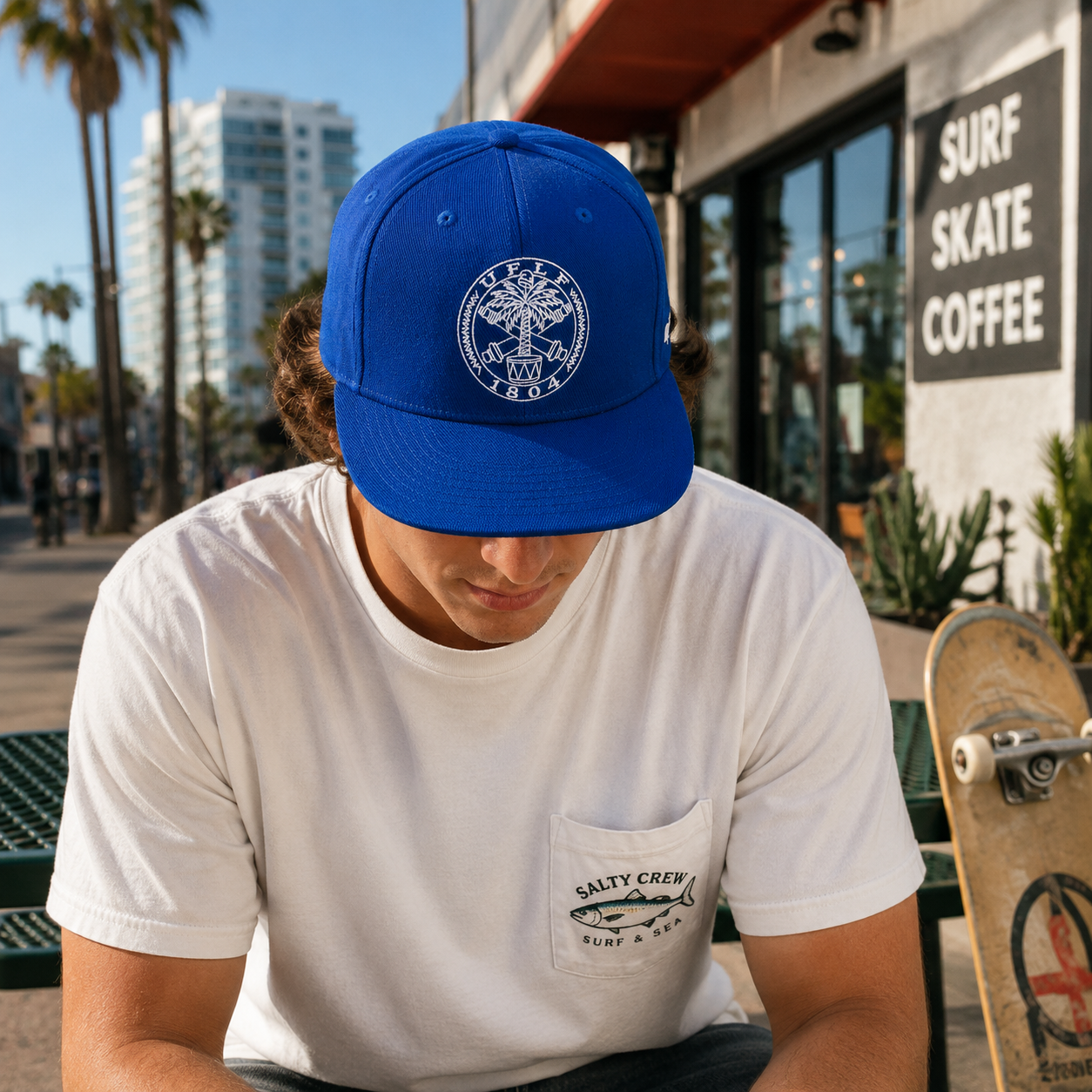 Royal Blue Palm Tree Crest Embroidered Six-Panel Flat-Brim Cap