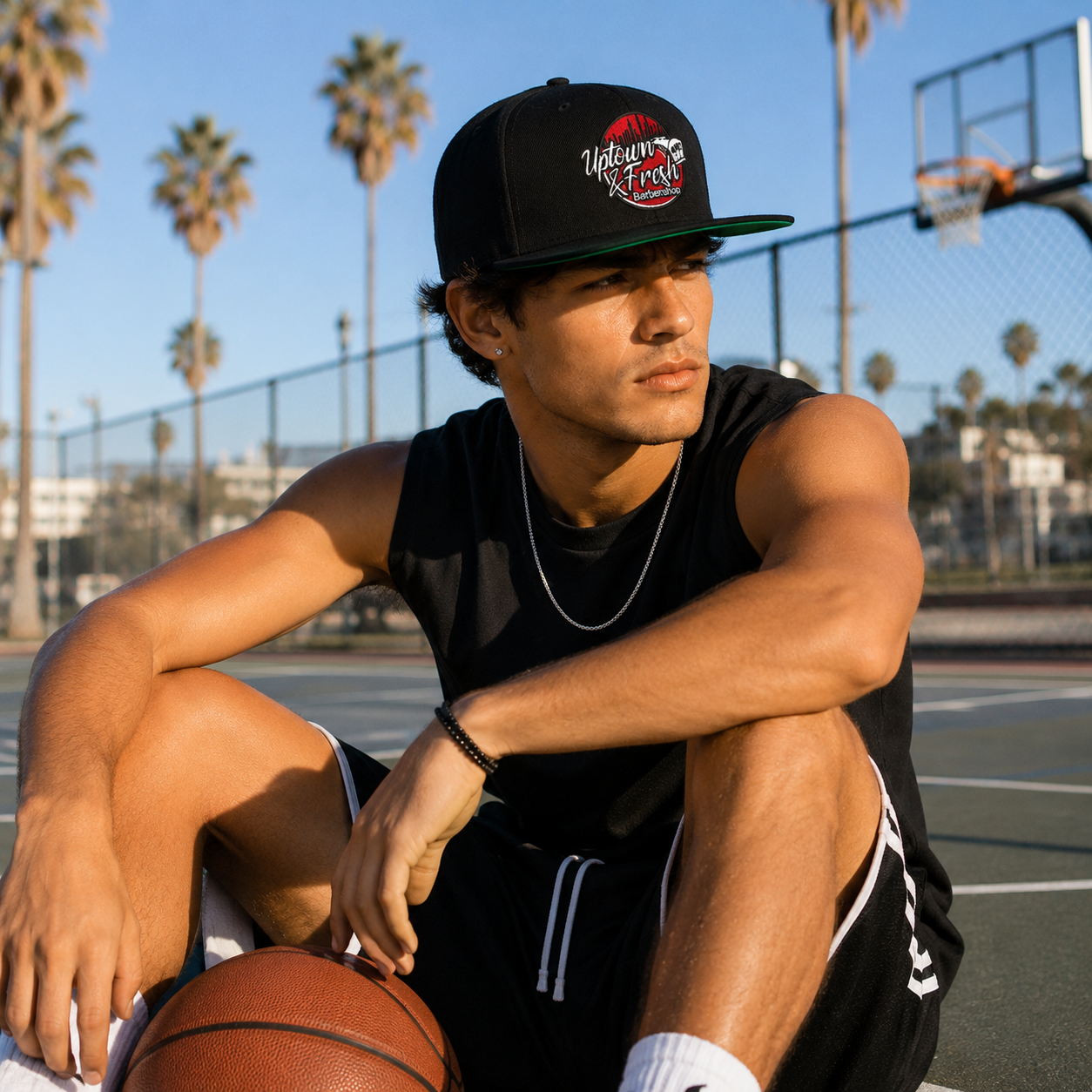Uptown Fresh Embroidered 6 Panel Snapback Cap with Flat Brim