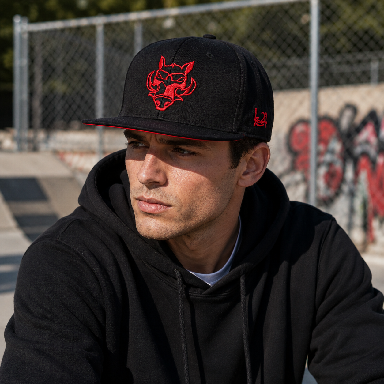 Black Six-Panel Flat Brim Snapback Cap with Red Graphic Embroidery