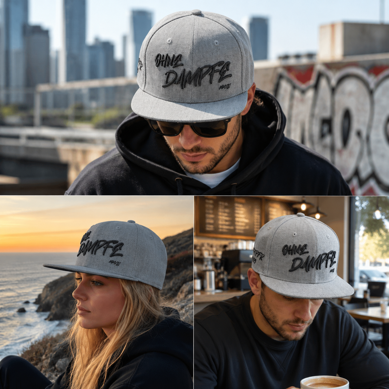 Oh No Damage Gray Embroidered Flat Brim Snapback Hat