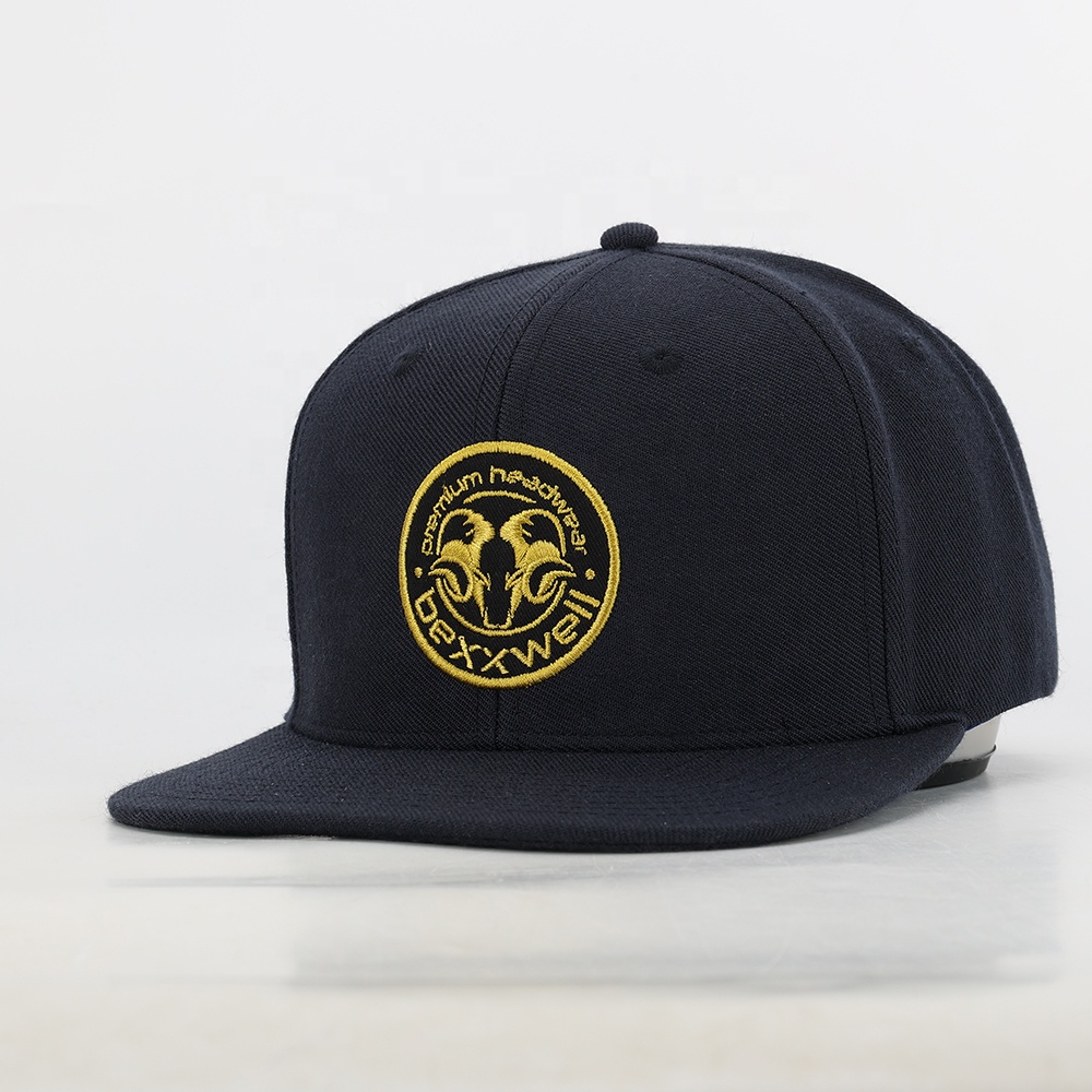 Navy Blue Gold Embroidered Crest Snapback Cap – Streetwear Flat Brim Hat