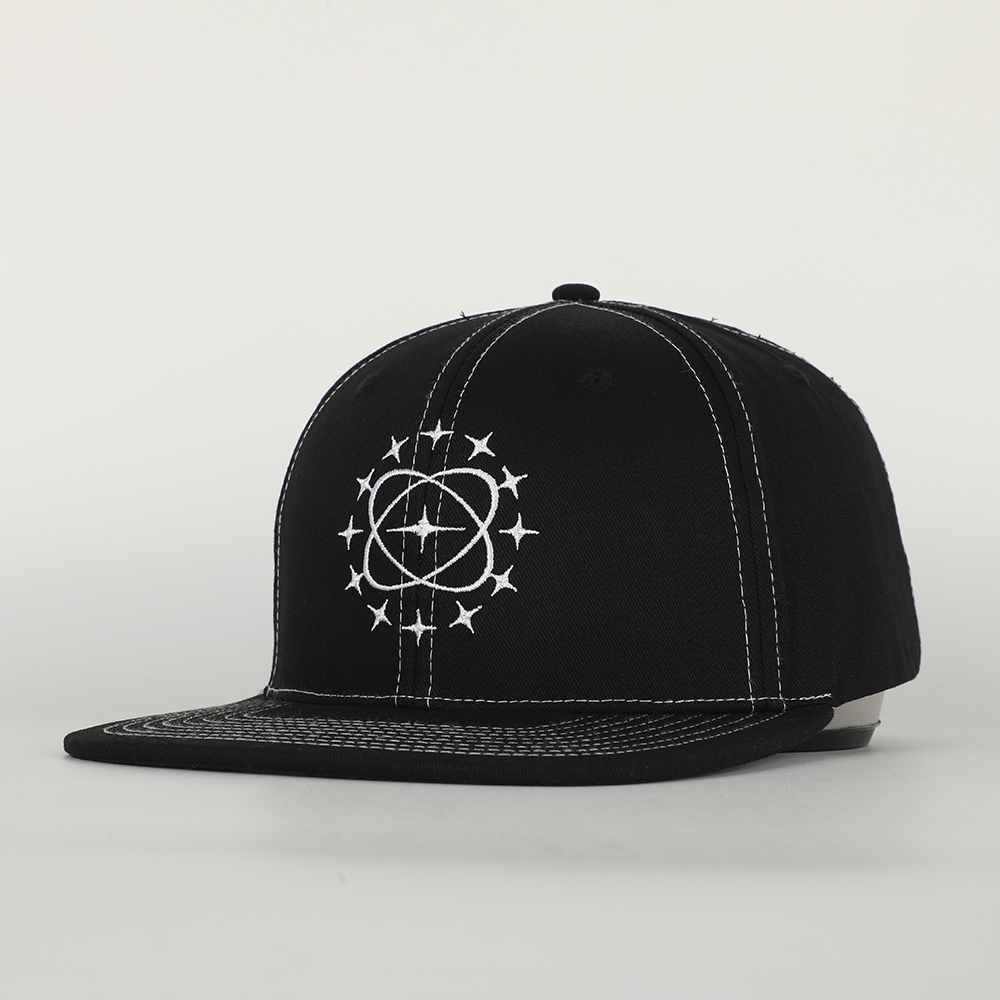 Black White Star Orbit Embroidered Flat Brim Snapback