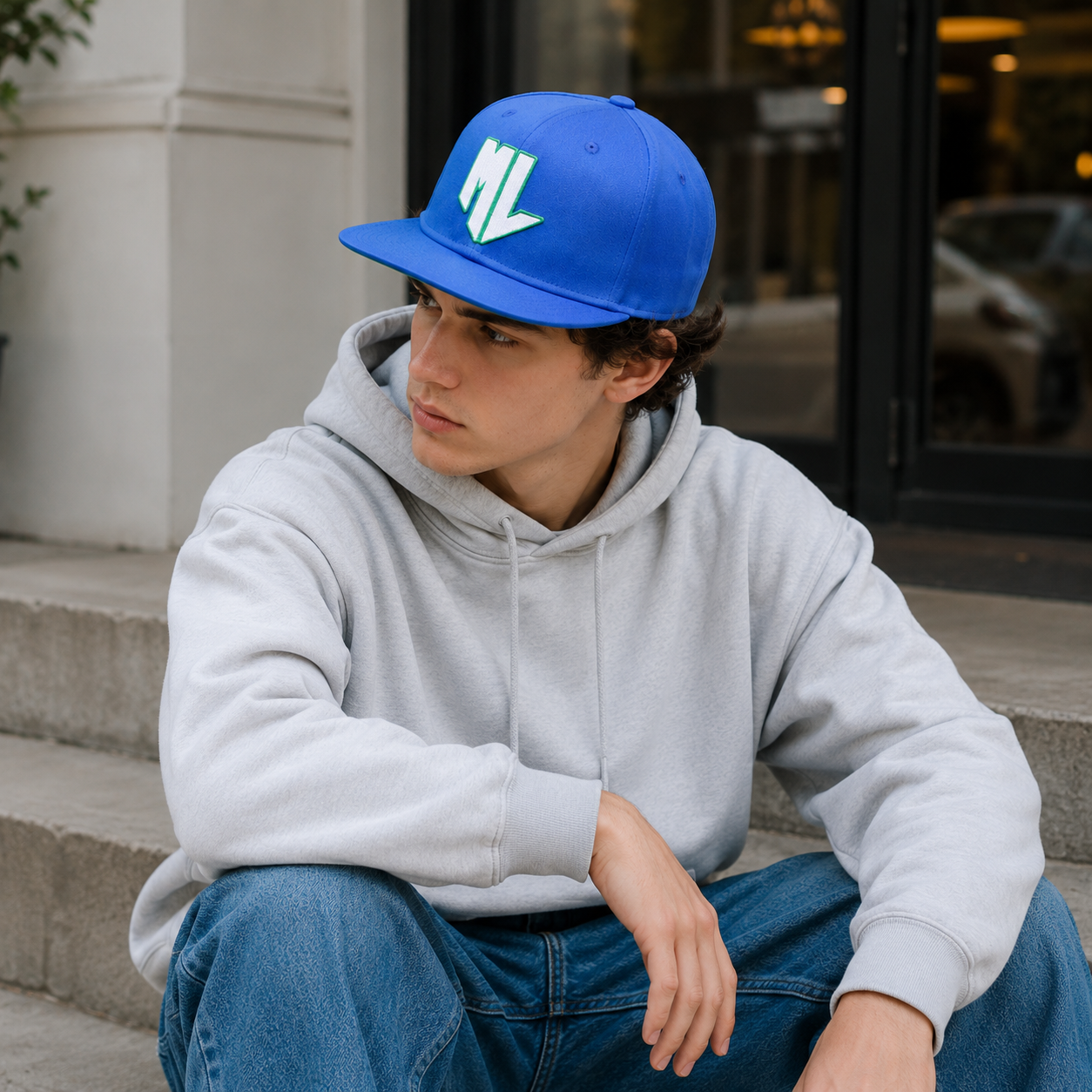 Royal Blue Flat Brim Snapback Cap with Raised Letter Embroidery