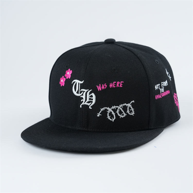 Black Floral Gothic Embroidered Flat Brim Snapback Cap