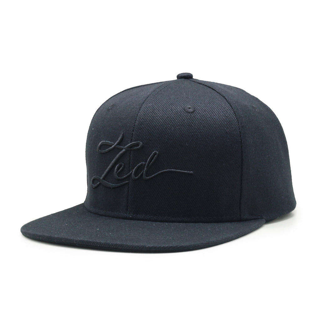 Black Flat Brim Snapback Cap with Tonal Embroidered Logo Structured Baseball Hat