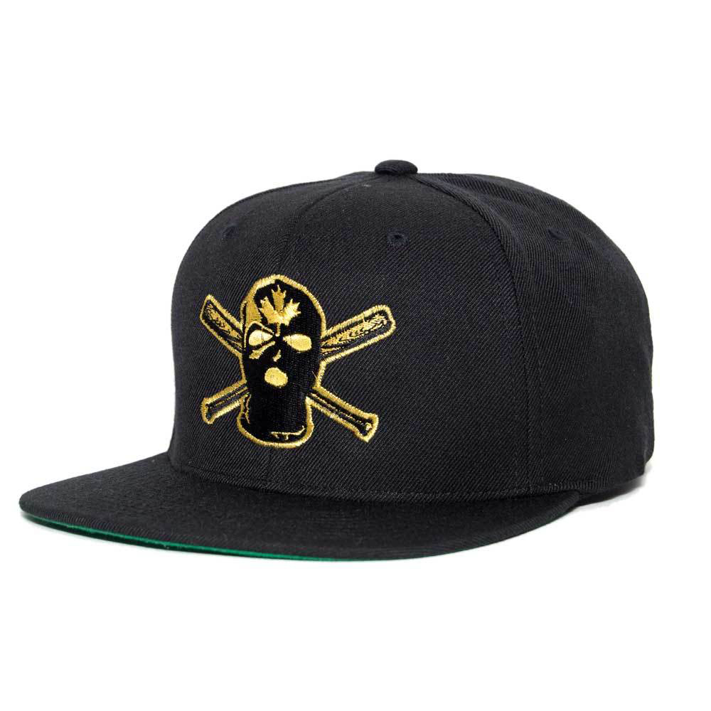 Black Flat Brim Embroidered Skull Graphic Snapback Cap