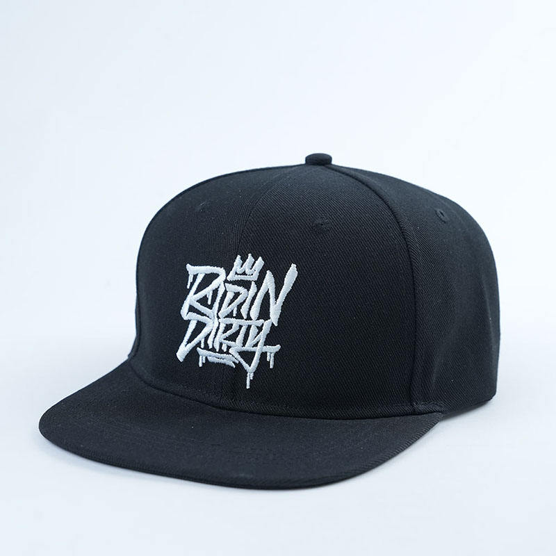 Black 6-Panel Flat Brim Snapback with 3D Embroidery