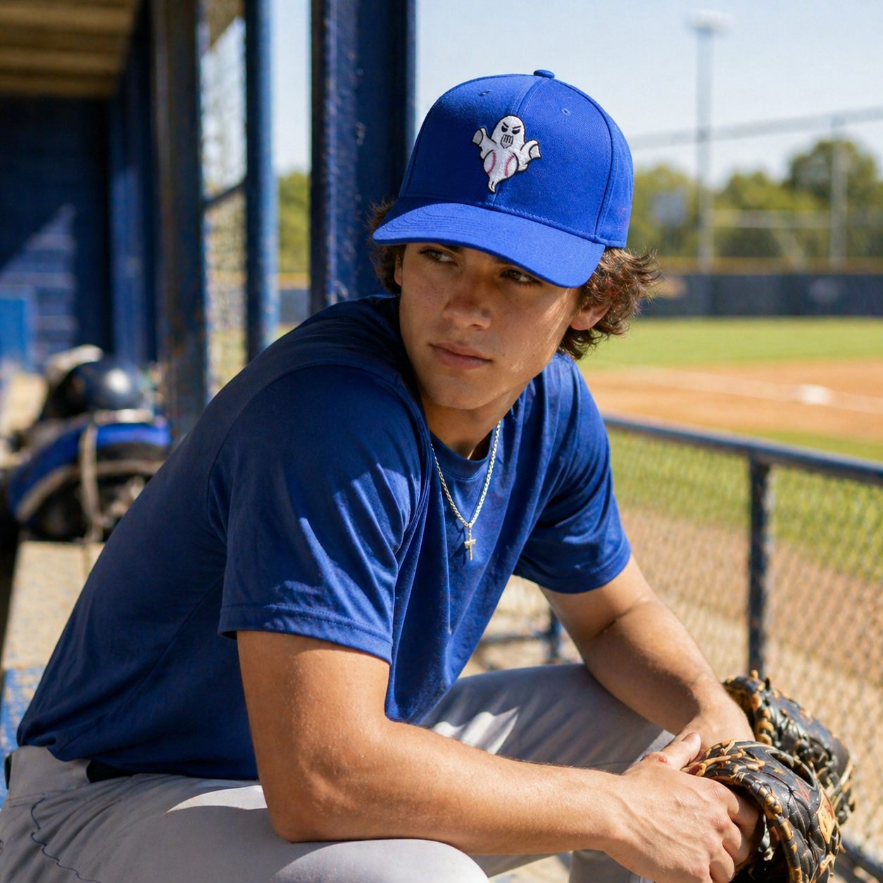 Blue 6 Panel Snapback Cap with Ghost Baseball Embroidery