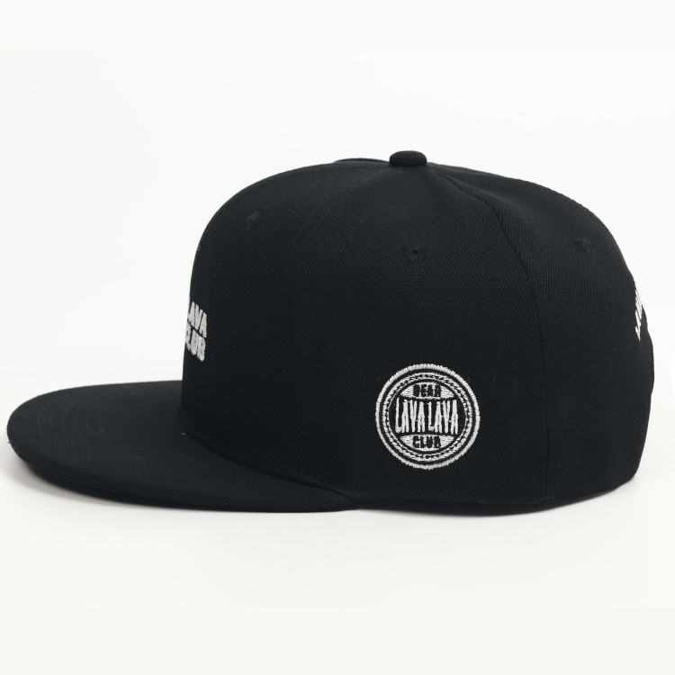 Black Structured 6-Panel Flat Brim Snapback Baseball Cap with White Front Text Embroidery and Side Patch