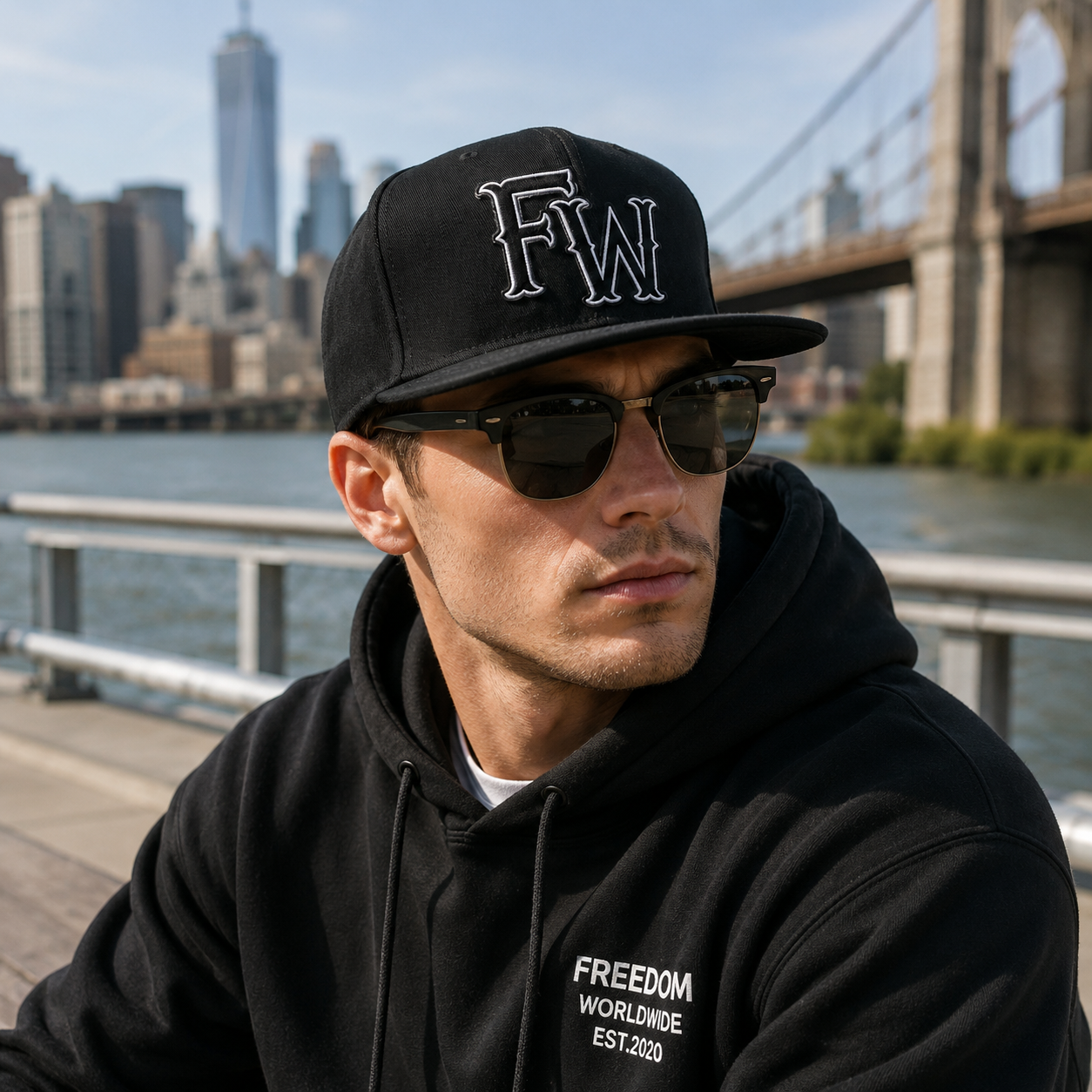 Black Six-Panel Flat Brim Snapback with White Outline Embroidery