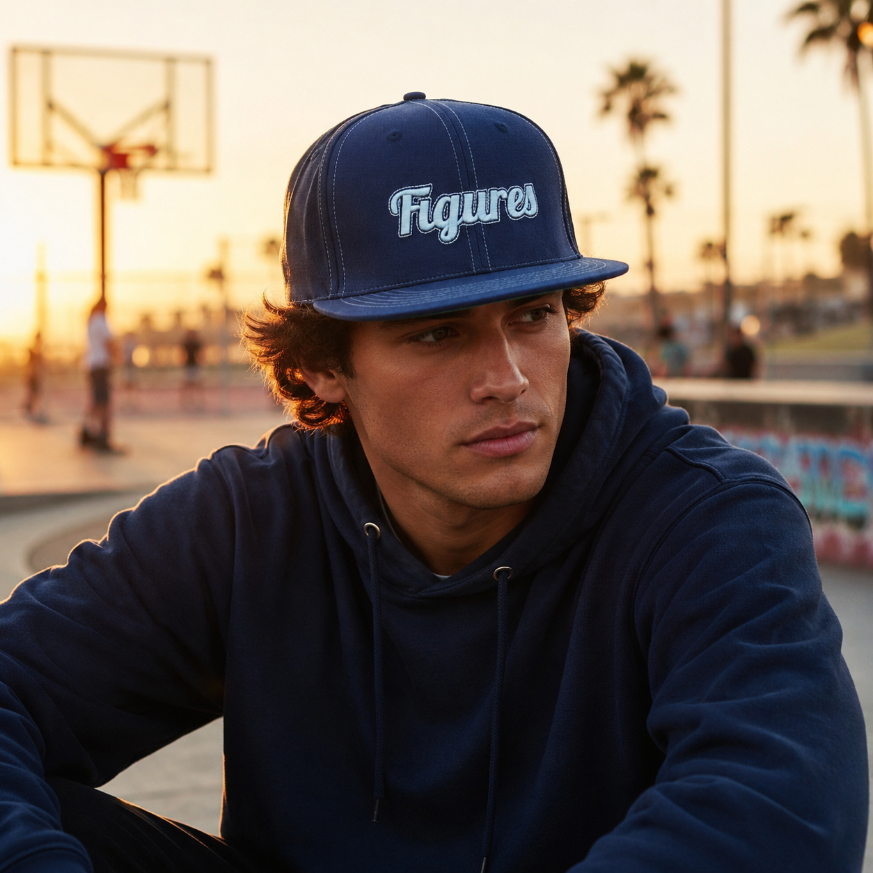 Navy Figures Embroidered Flat Brim Snapback Cap