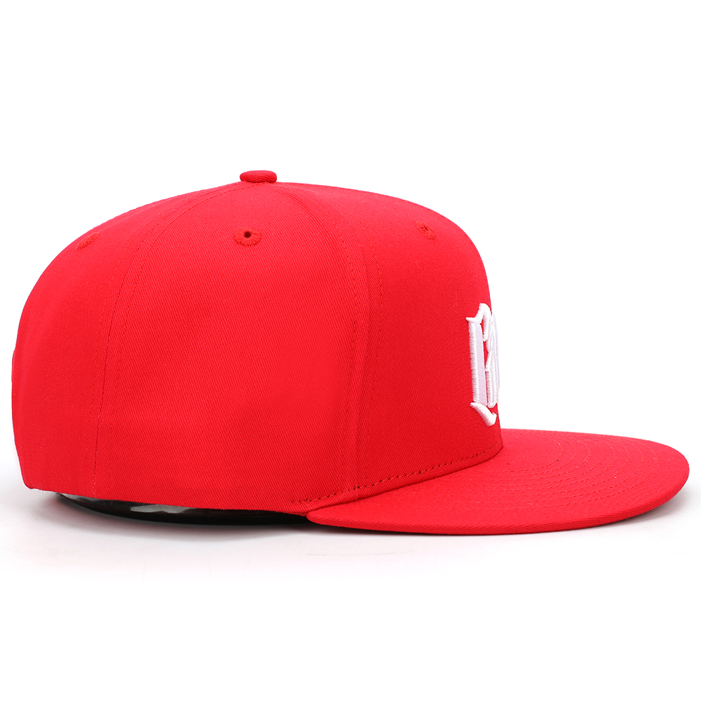 Red 6 Panel Embroidered Flat Brim Snapback Cap