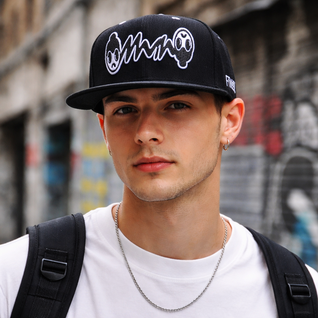 Black 6-Panel Snapback Cap with Graphic Embroidery