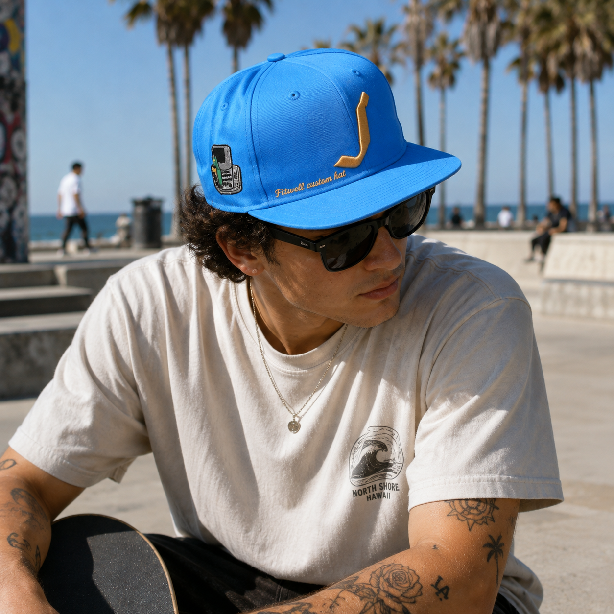 Sky Blue Flat-Brim Six-Panel Snapback with Gold Curved-Logo Embroidery