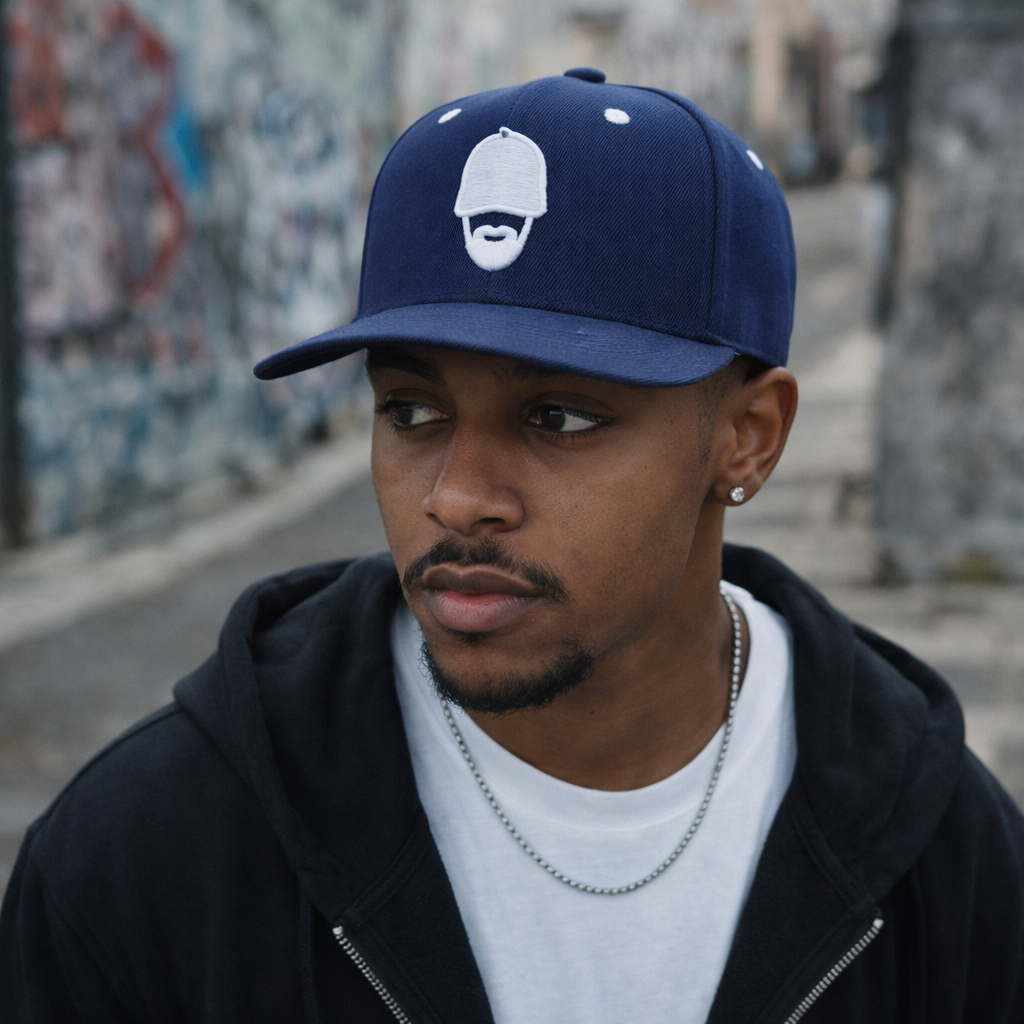 Navy Blue Snapback Hat with Bearded Man Embroidery