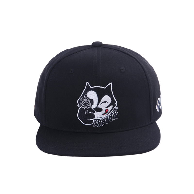 Black Six-Panel Flat Brim Snapback Cap with Front Character Embroidery and Side Number Detail