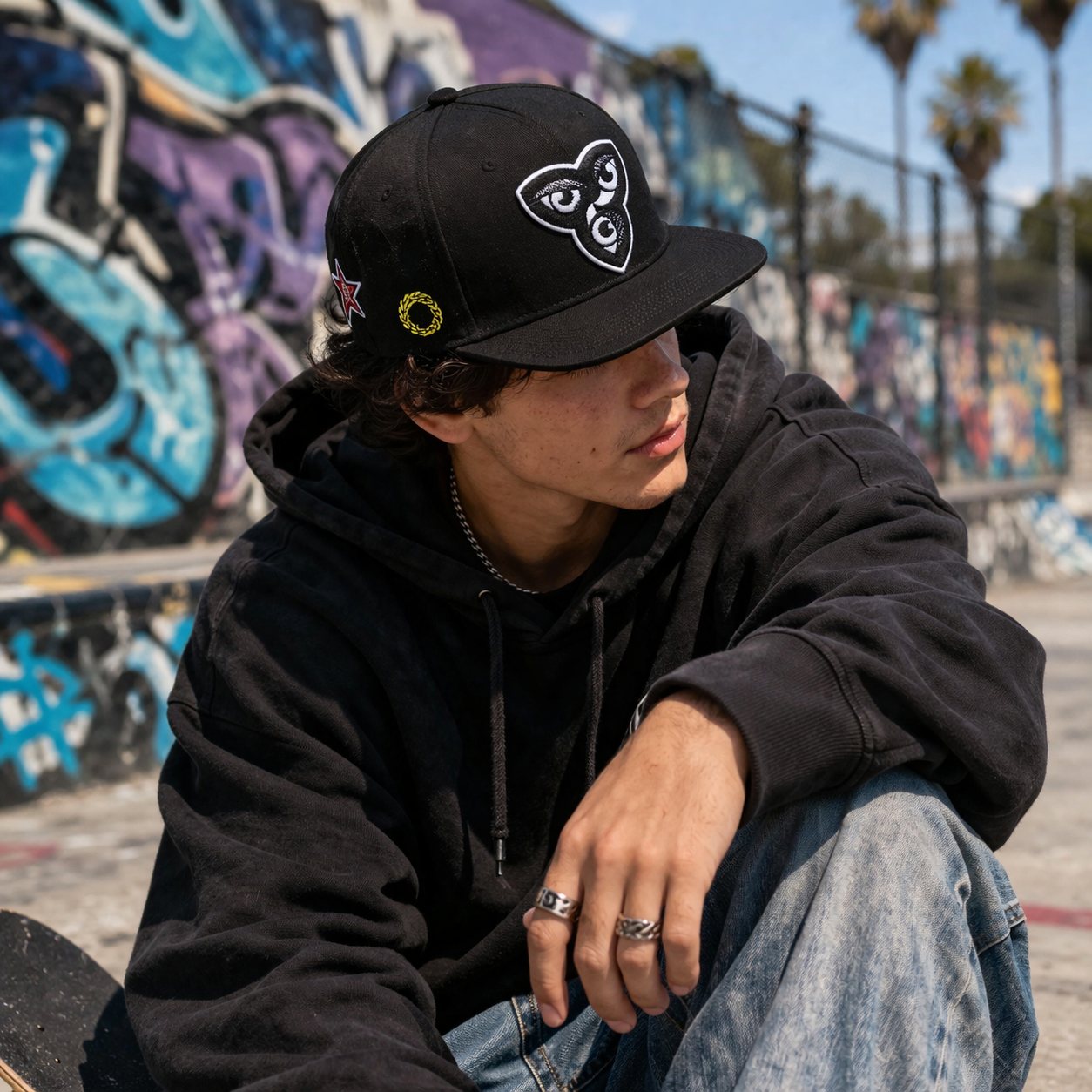 Black Flat Brim Snapback Cap with Abstract Eye Embroidery Logo