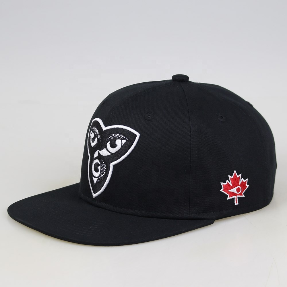Black Flat Brim Snapback Cap with Abstract Eye Embroidery Logo