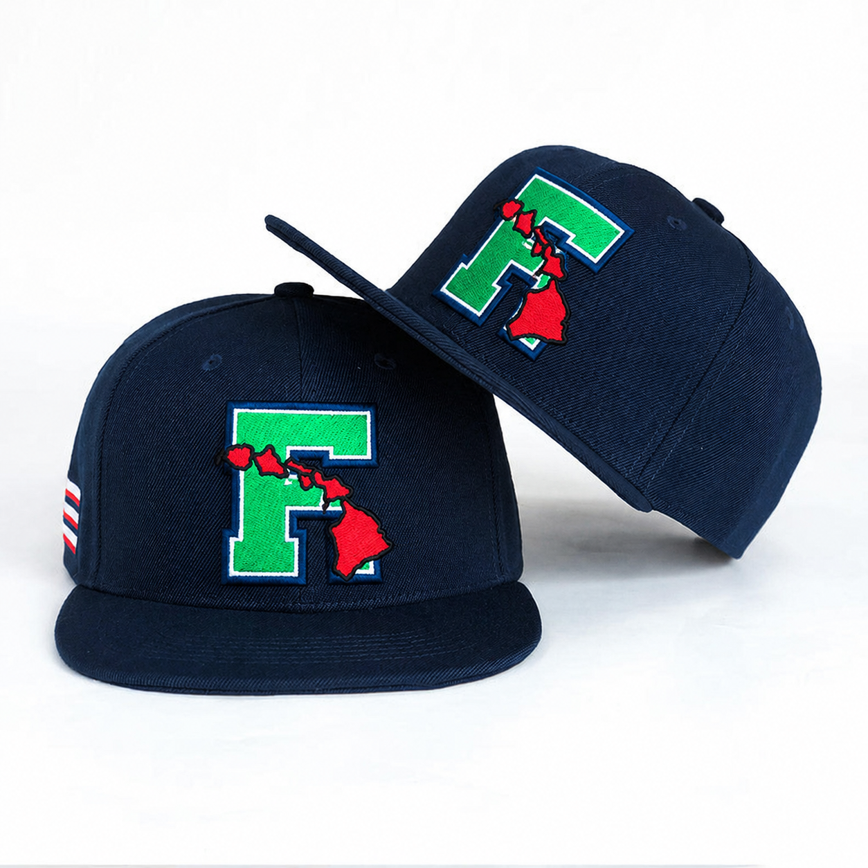 Navy Flat Brim Snapback Cap with Island Letter Embroidery