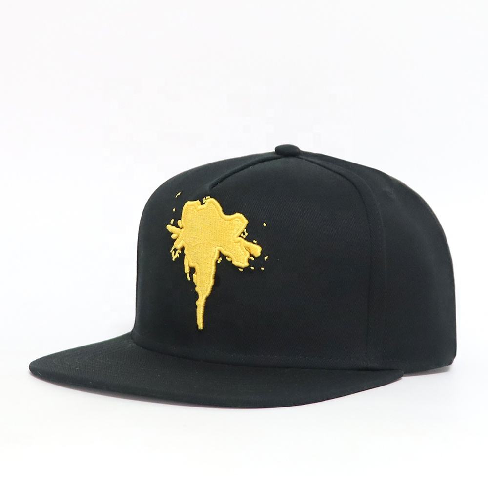 Black Flat Brim Six-Panel Snapback Cap with Yellow 3D Embroidery