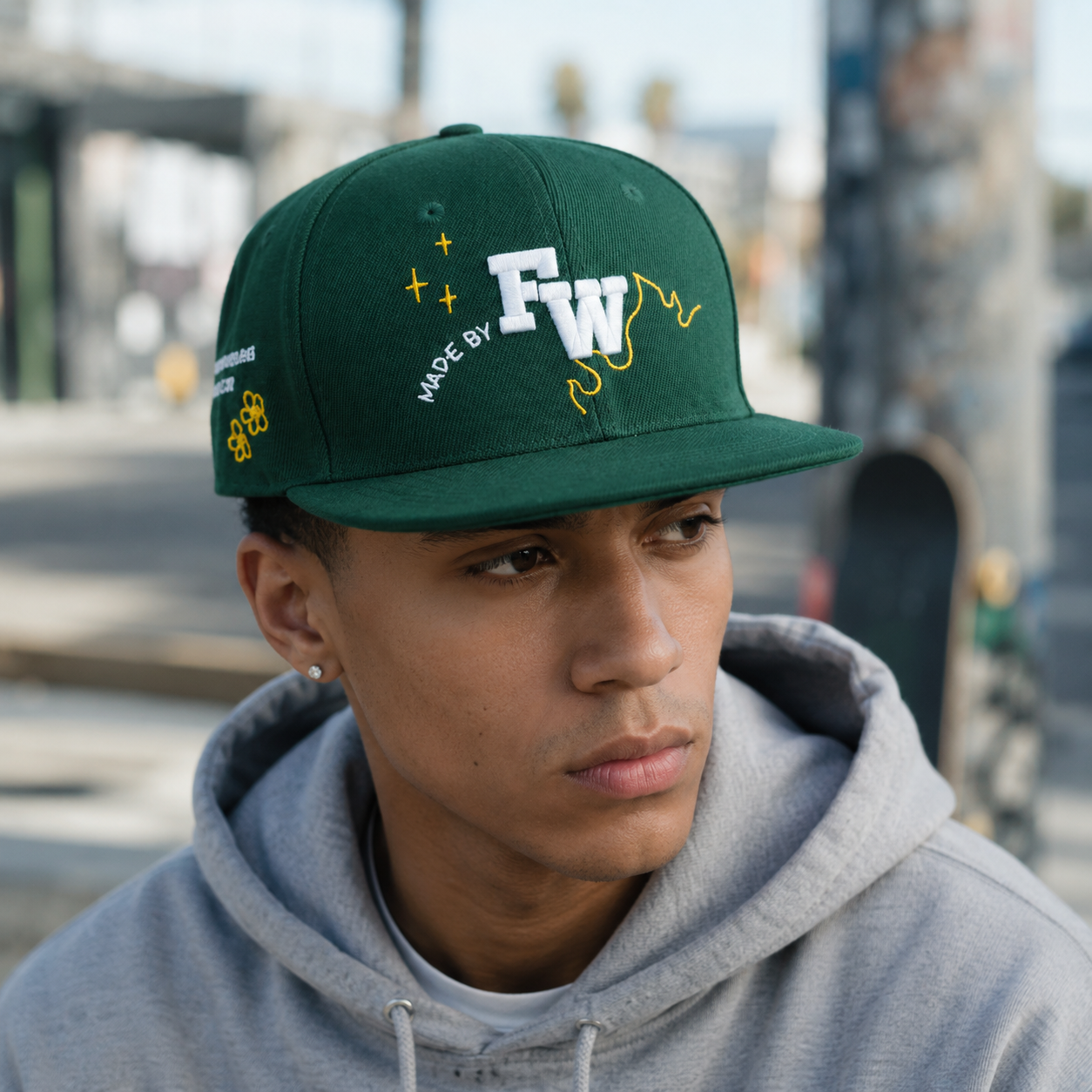 Dark Green Flat Brim Snapback Cap with 3D Letter Embroidery