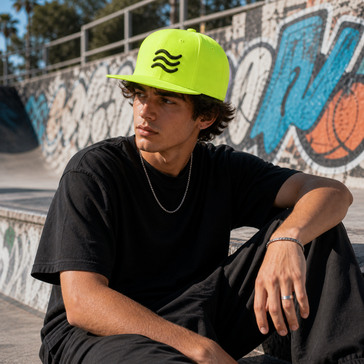Neon Green Wave Embroidered Snapback Hat
