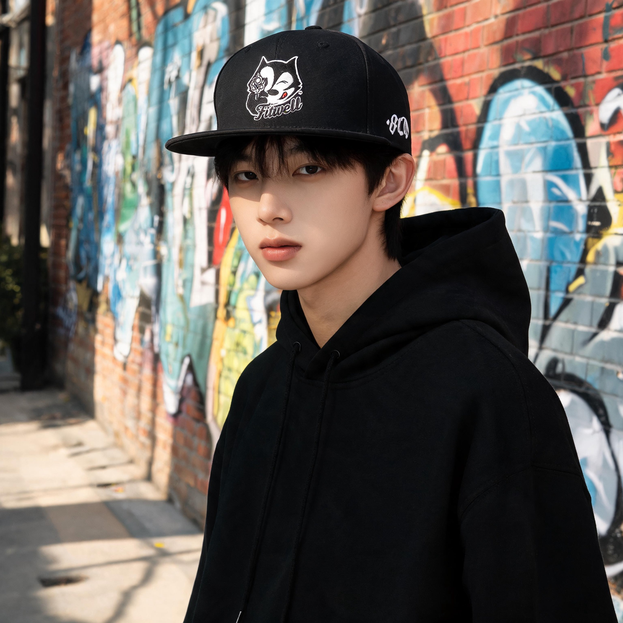Black Six-Panel Flat Brim Snapback Cap with Front Character Embroidery and Side Number Detail