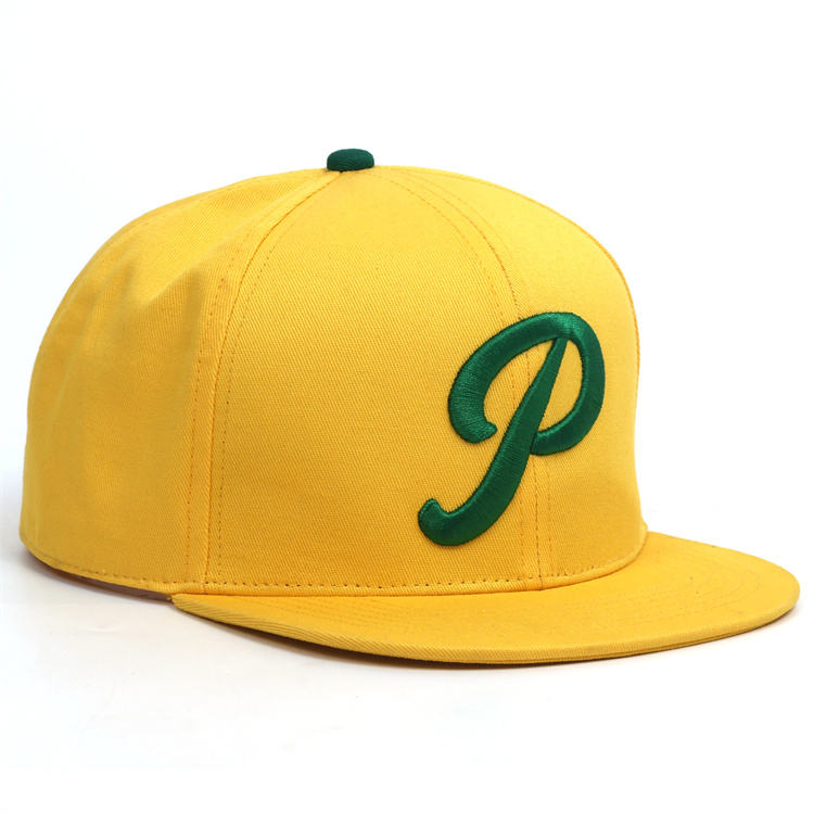 Yellow Flat Brim Snapback Cap with Green Raised Embroidered Logo and Streetwear Style Design