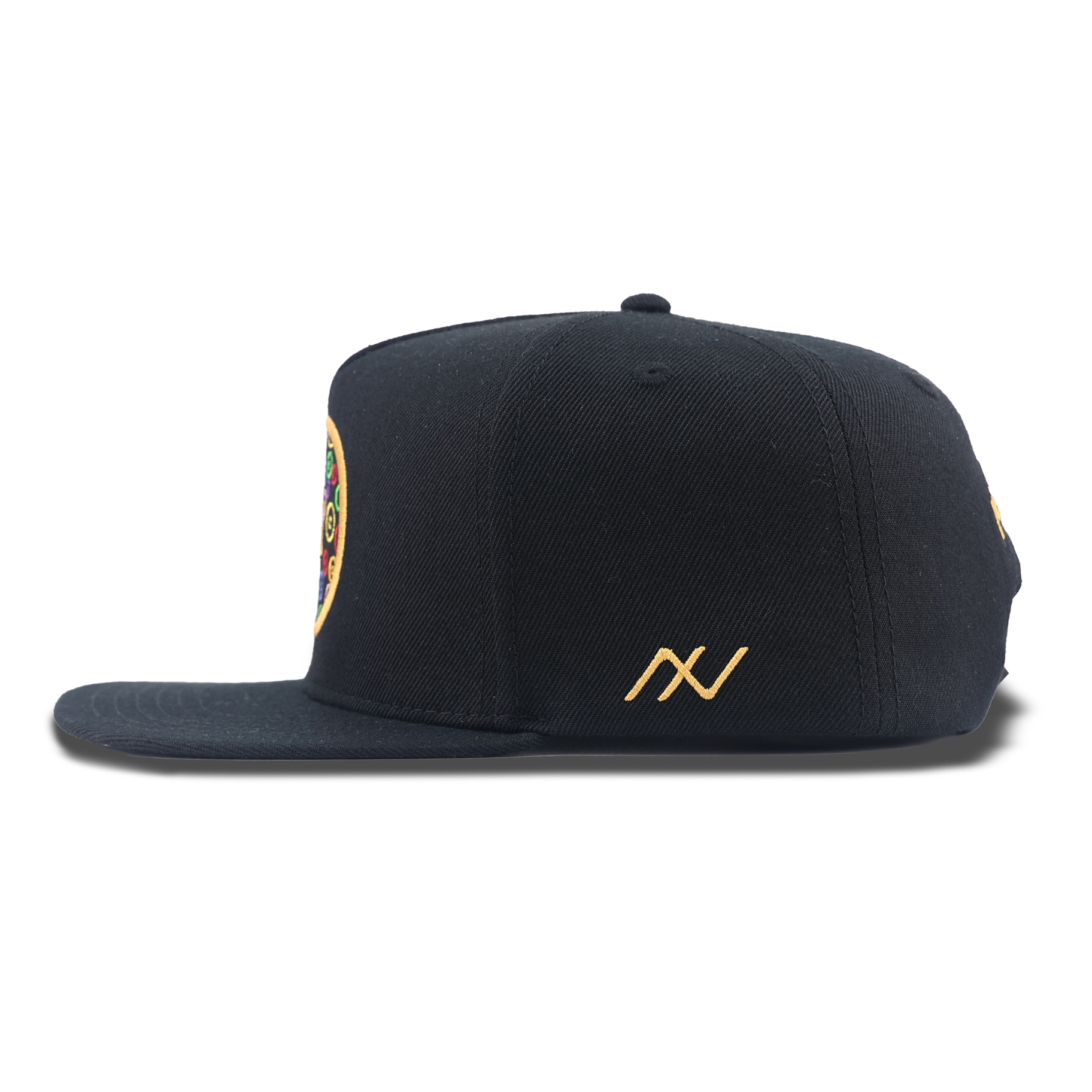 Black Circular Multicolor Embroidered Snapback Hat